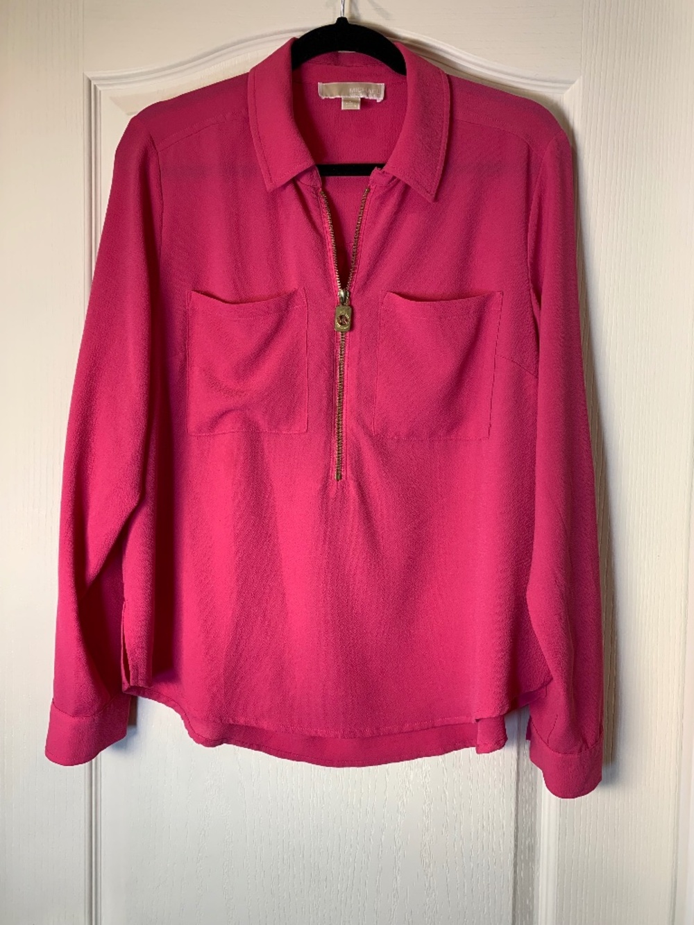 Michael Kors Fuchsia Pink Gold Zip Crepe Blouse Size L